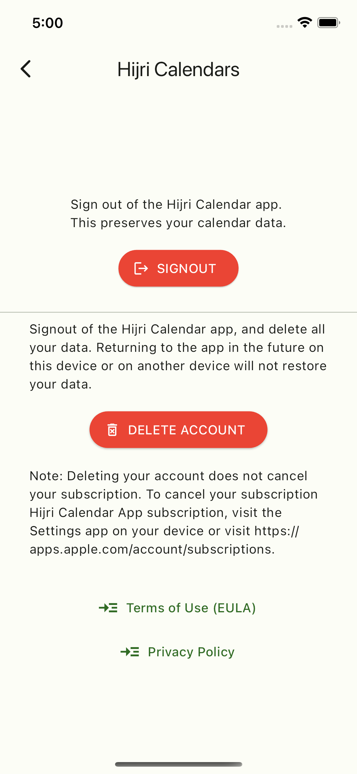 Hijri Calendar App - Account Settings