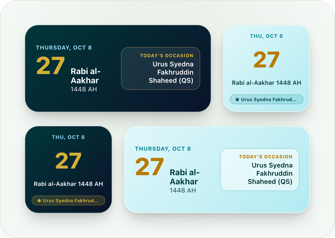 Hijri Calendar Home Screen Widgets in Light and Dark Modes
